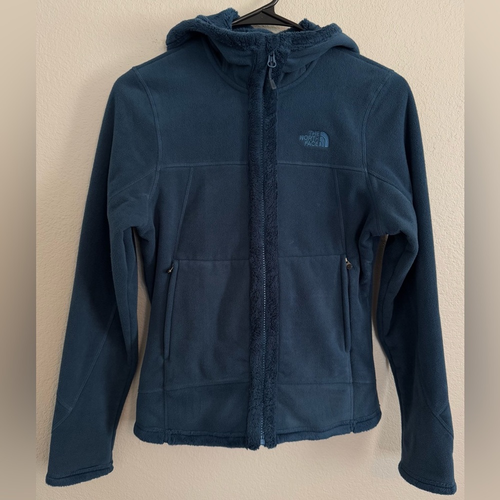 Dusty Blue Fuzzy Fleece Hooded North Face Full Zip Jacket